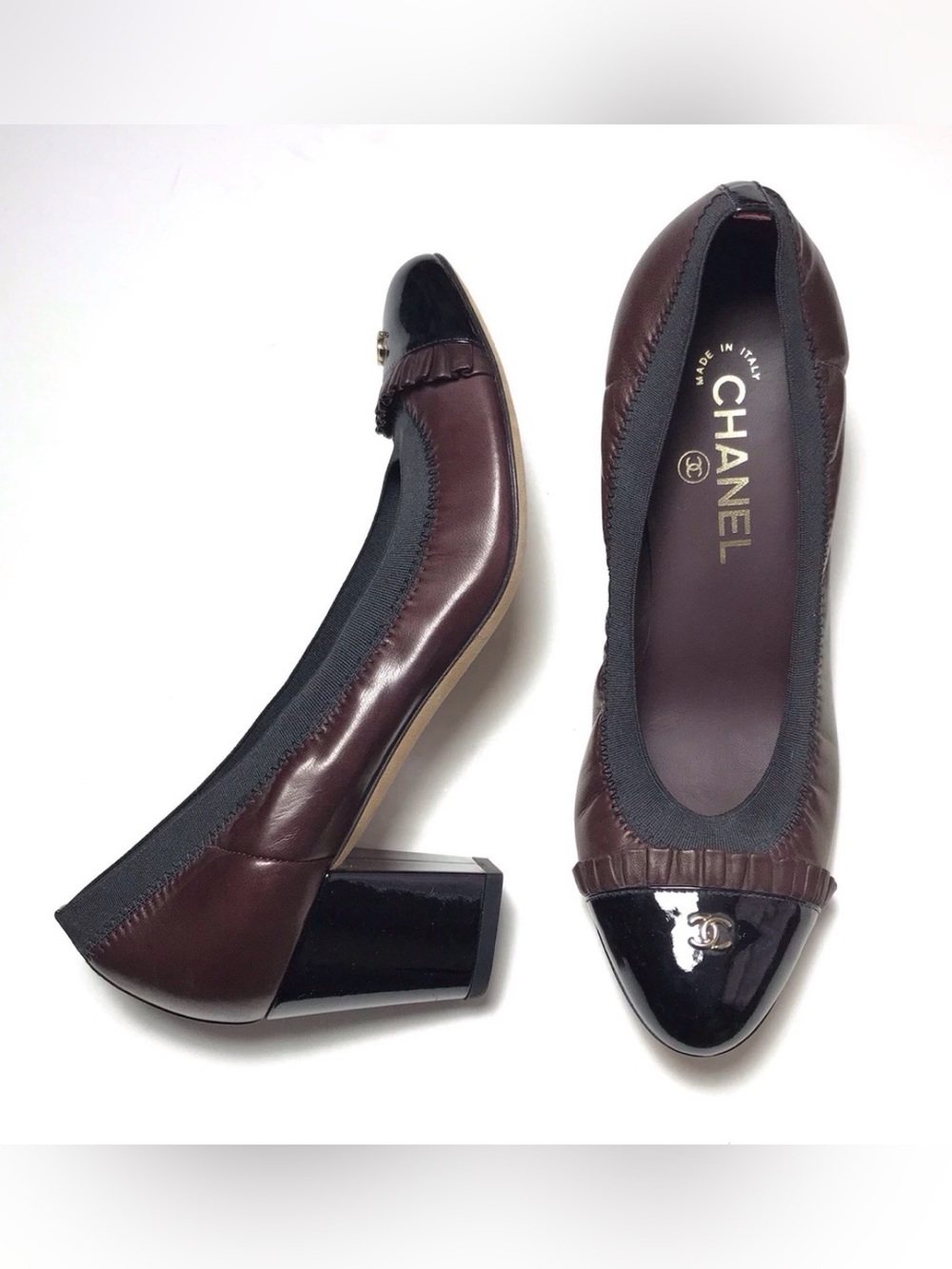 Chanel 2012 Stretch Spirit Pumps Burgundy Black Patent CC Heels IT 39
